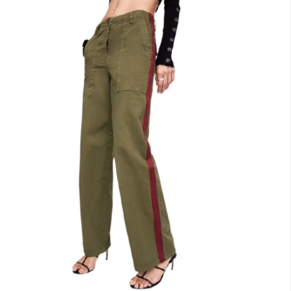 Zara THE WORKER Straight High Rise Side Stripe Pants Green Size US 6
